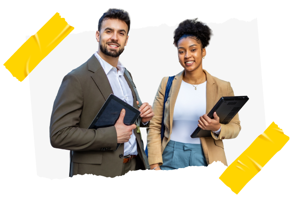 Cutout image of two smiling business colleagues that looks like it has been taped to the screen